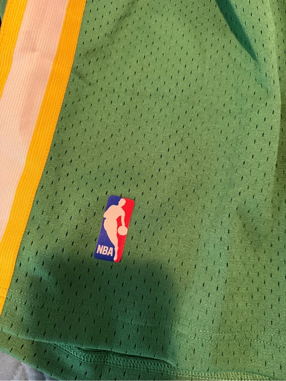 Mitchell & Ness Green Basketball Shorts with Yellow & White Stripes